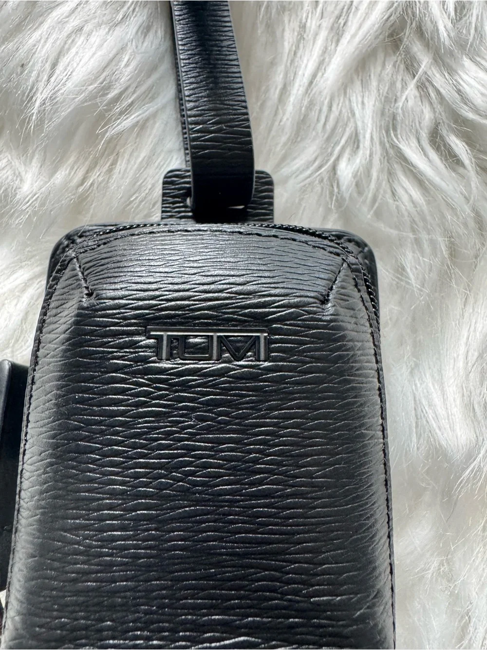 Tumi Black Textured Leather Travel ID Tag with Zipper Pocket